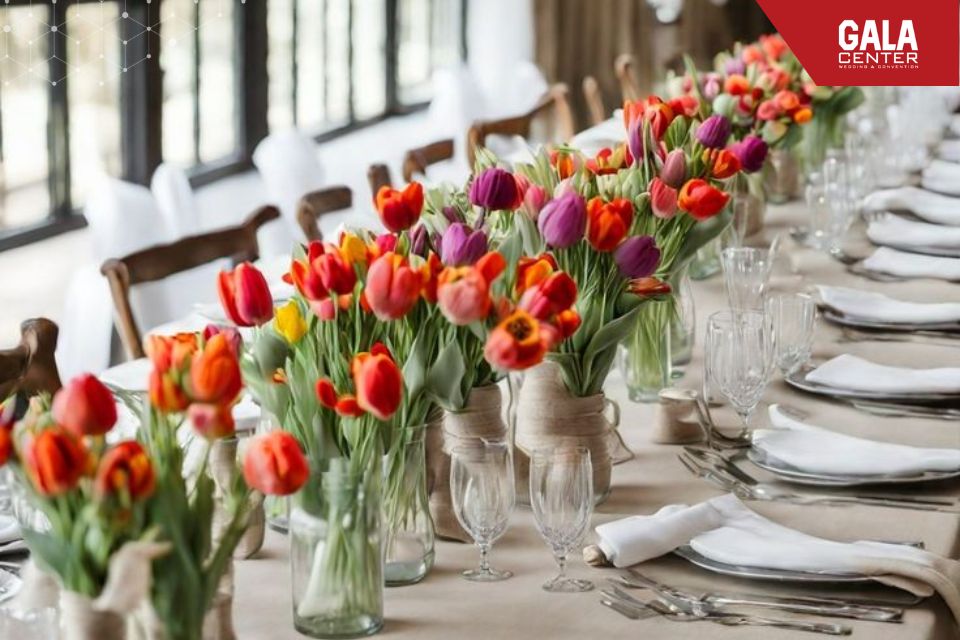 Hoa tulip l&agrave; một trong những loại hoa trang tr&iacute; s&acirc;n khấu v&agrave; kh&ocirc;ng gian cưới được nhiều cặp đ&ocirc;i lựa chọn nhờ d&aacute;ng hoa thanh mảnh v&agrave; m&agrave;u sắc bắt mắt