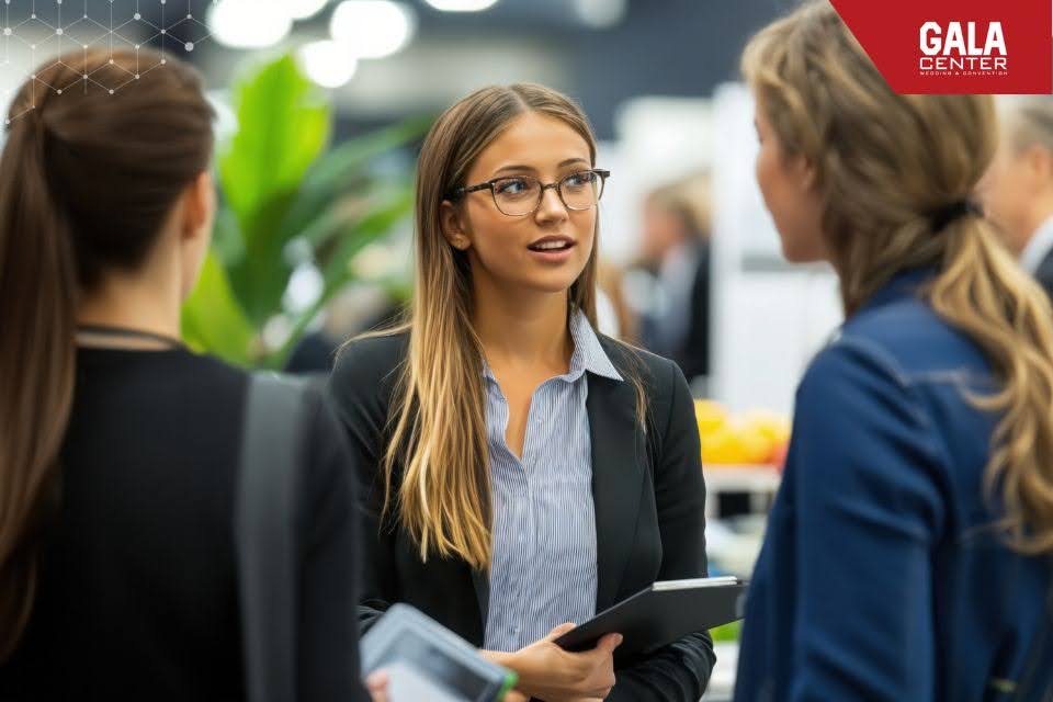 Kh&aacute;ch nữ mặc blazer v&agrave; sơ mi gọn g&agrave;ng, tự tin trao đổi v&agrave; kết nối trong giờ giải lao hội nghị