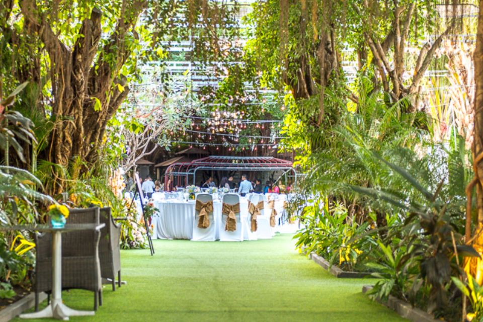 Sảnh tiệc cưới River view Garden Thảo Điền Village Thủ Đức, không gian sân vườn ven sông cho sảnh cưới lãng mạn