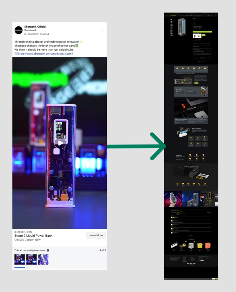 Hình 4: Công ty pin di động Shargeek hướng người xem đến landing pages (Nguồn: shopify.com)