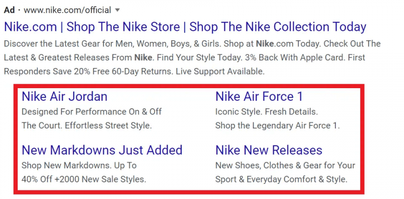 Hình 3: Bốn sitelink của trang web nike.com với các dòng mô tả