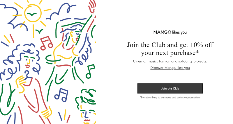 Thương hiệu quần áo Mango giảm 10% cho đơn hàng đầu tiên khi bạn đăng ký nhận newsletter.
