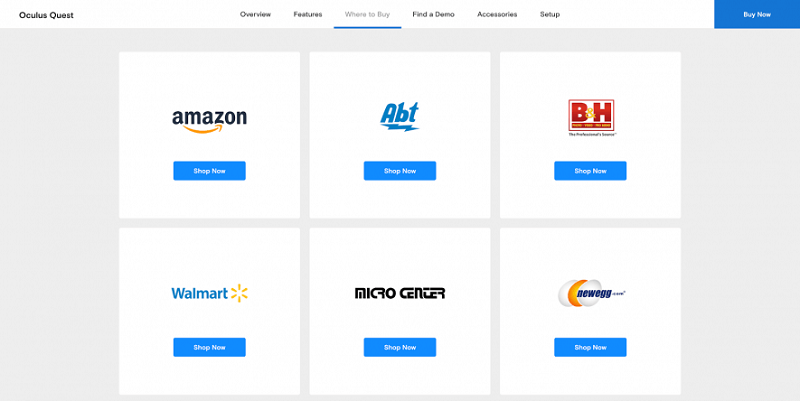 Hình 2: Trang Oculus đi link về Amazon, Walmart…