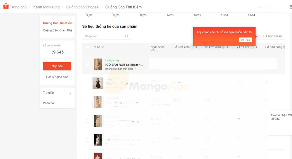 Số liệu thống kê quảng cáo trên Shopee