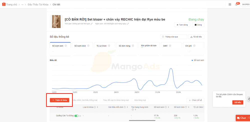 Giao diện thêm từ khóa cho chiến dịch quảng cáo Shopee