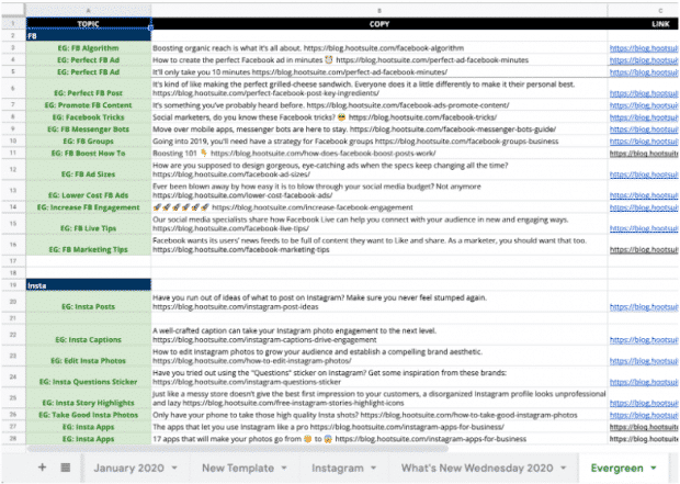 Lịch nội dung mạng xã hội Hootsuite, tab "Evergreen"