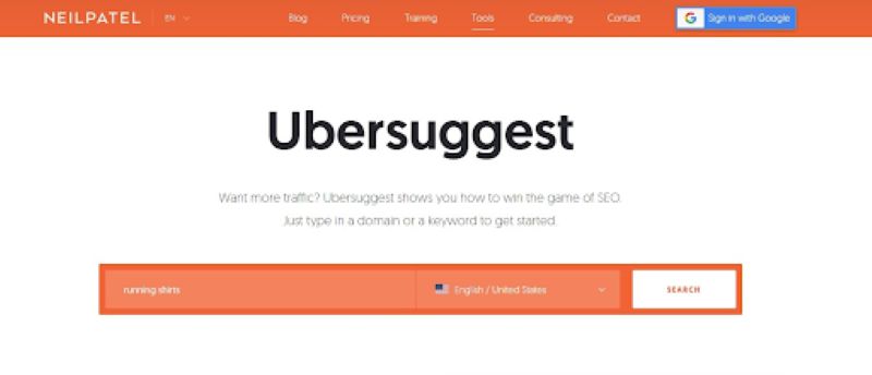 Trang chủ của Ubersuggest