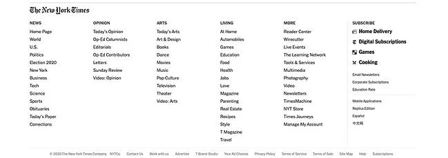 Hình 8: Menu điều hướng Footer của tờ New York Times