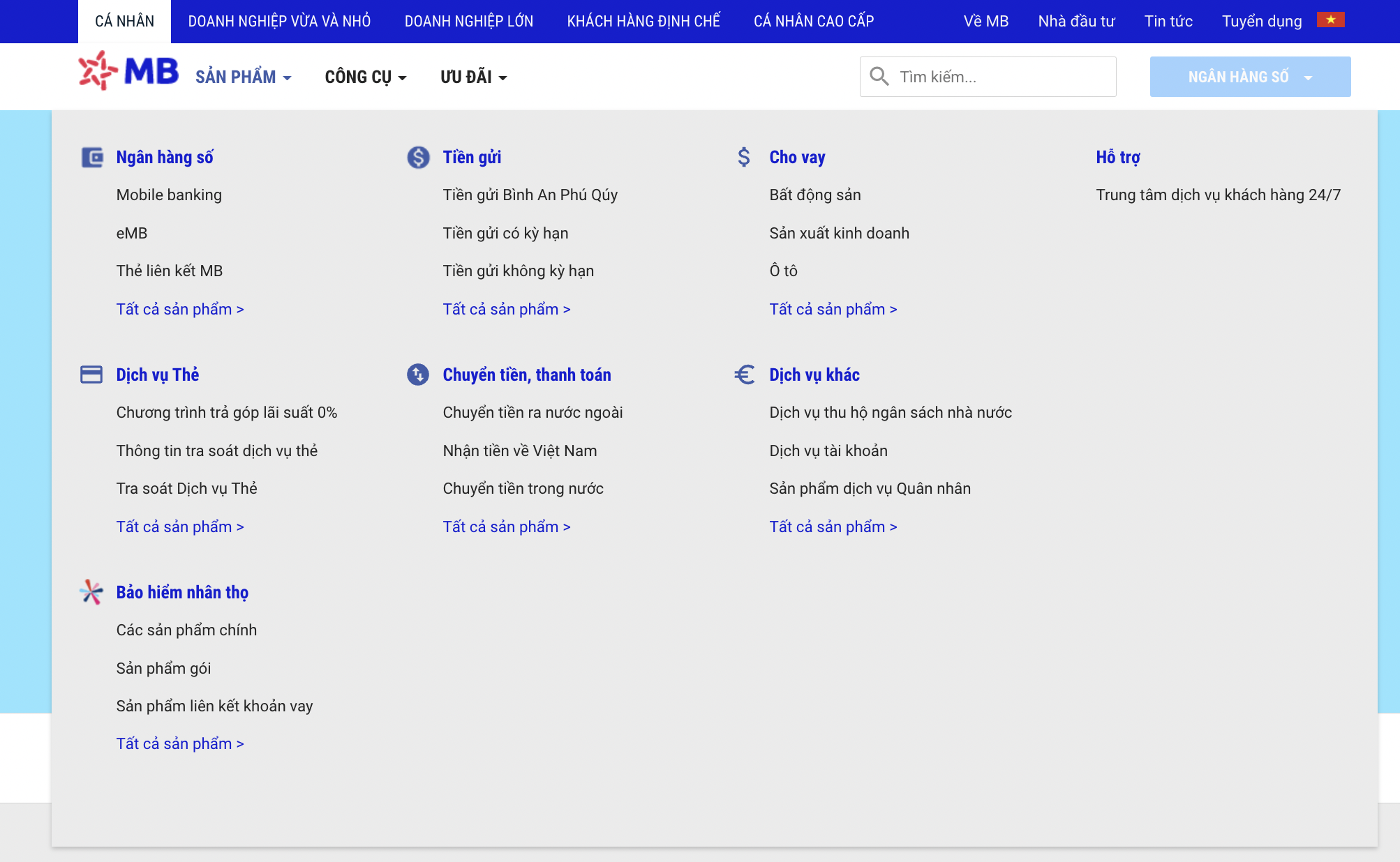 Hình 17: MBBank sử dụng một menu điều hướng lớn trên website của mình
