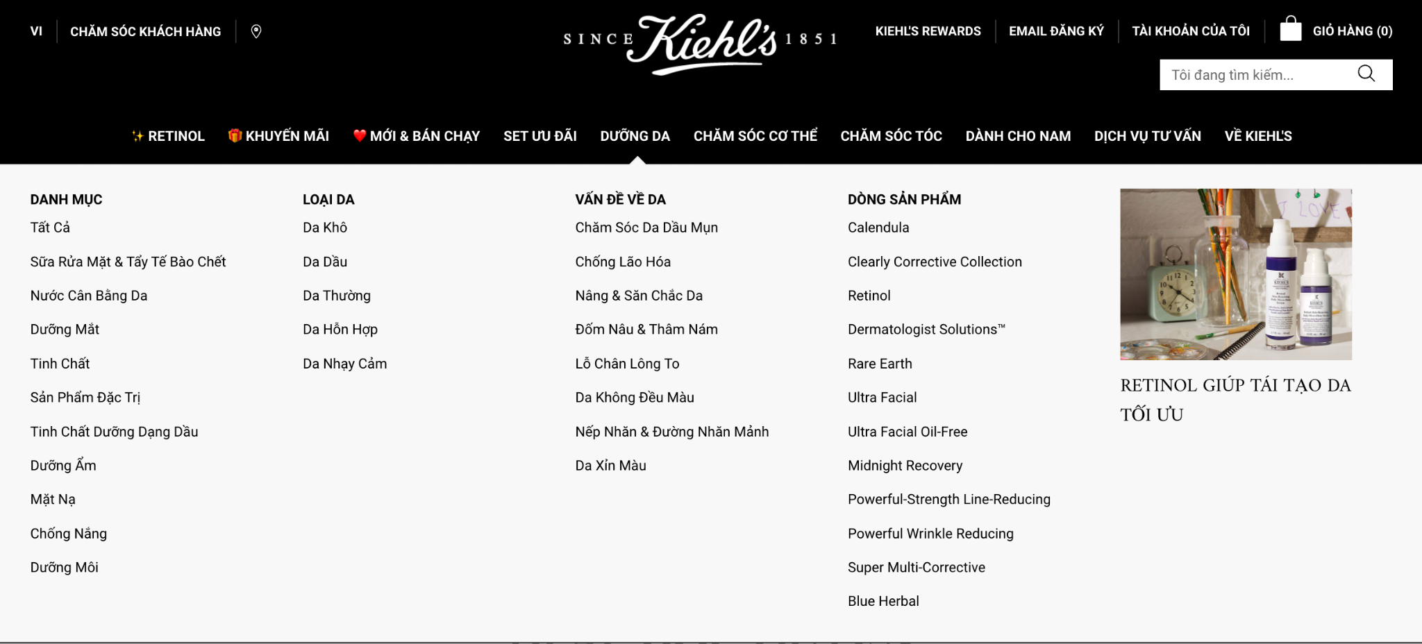 Hình 18: Menu điều hướng ngang được sử dụng trên website của Kiehl's