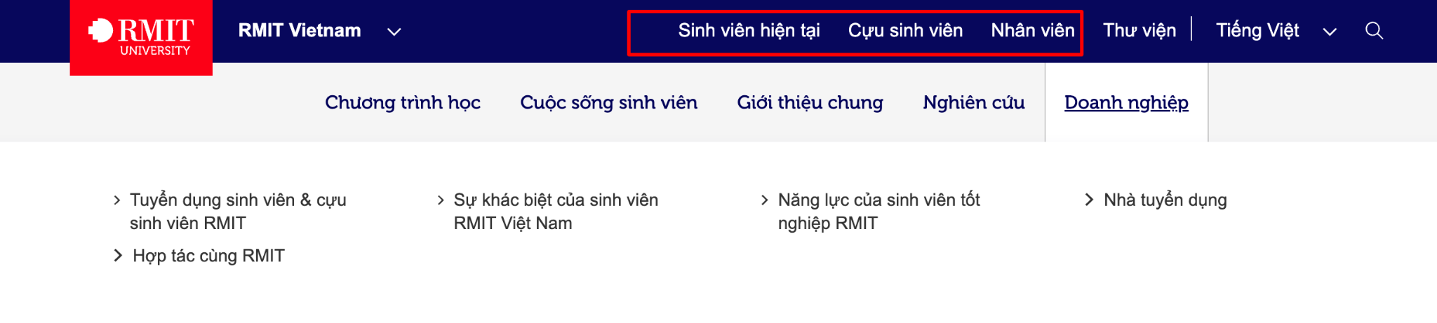 Hình 11: Website của Đại học RMIT có các mục được phân nhóm theo đối tượng