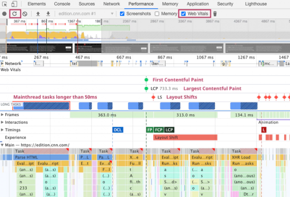 Web Vitals trong tab Hiệu suất Chrome DevTools