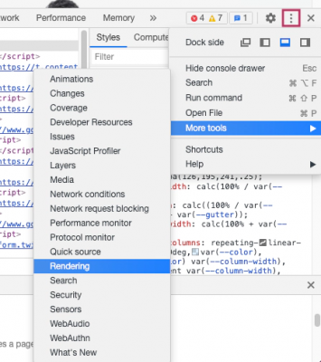 Mở cài đặt hiển thị DevTools