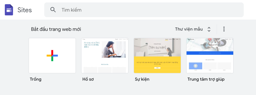 Hình 2: Giao diện khi vào bên trong Google Sites để lựa chọn template