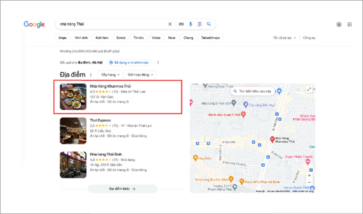  Hình 1: Gói bản đồ 3 món khi tìm kiếm “nhà hàng gần tôi”