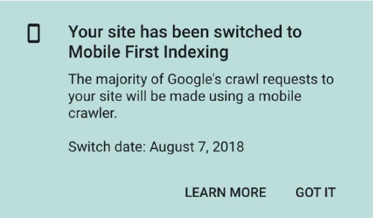  Hình 1: Thông báo trang web đã chuyển sang mobile-first indexing