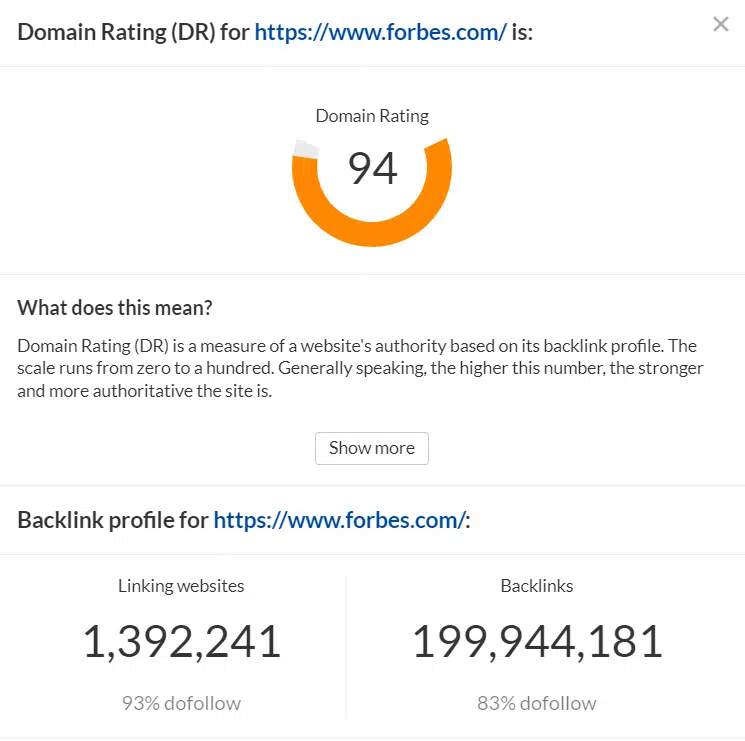 Hình 2: Trang web Forbes đã tham khảo có domain rating là 94 (Nguồn: Search Engine Land)