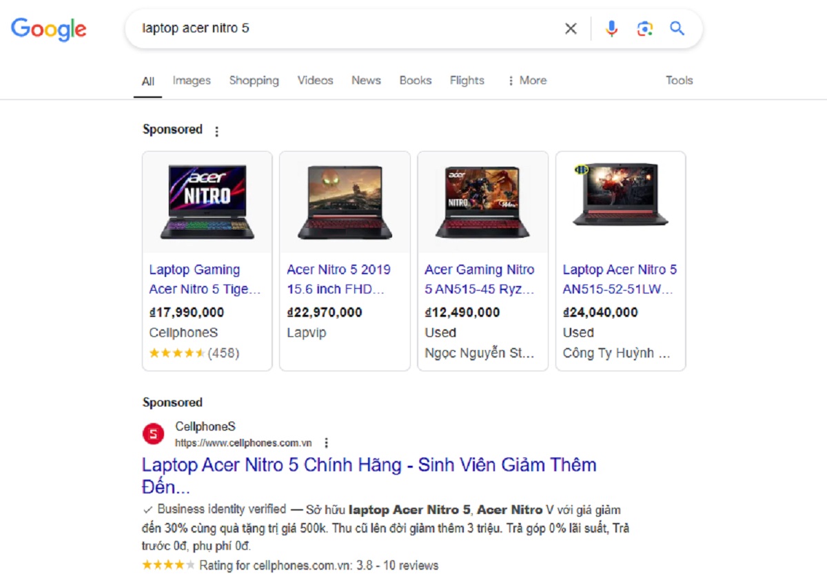  Hình 2: Google hiển thị quảng cáo cho truy vấn “laptop acer nitro 5”