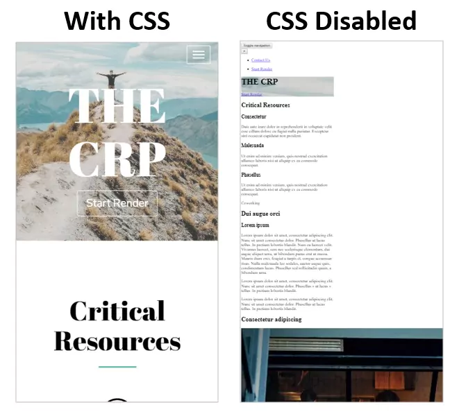 Hình 2: Trang ví dụ có và không có CSS (Nguồn: Search Engine Journal)