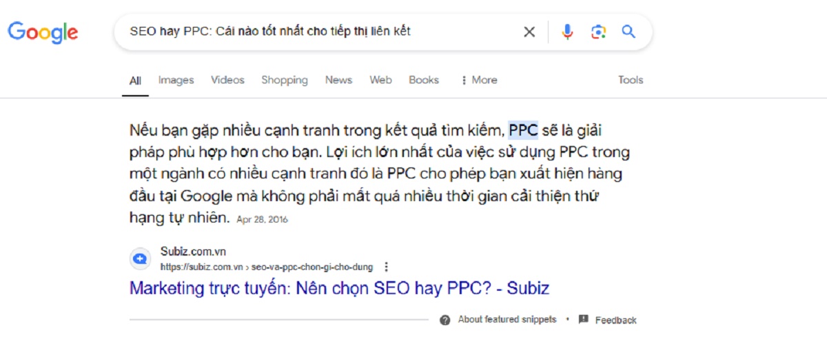   Hình 3: Ví dụ về đoạn trích nổi bật với từ khóa tìm kiếm “SEO hay PPC: Cái nào tốt nhất cho tiếp thị liên kết”