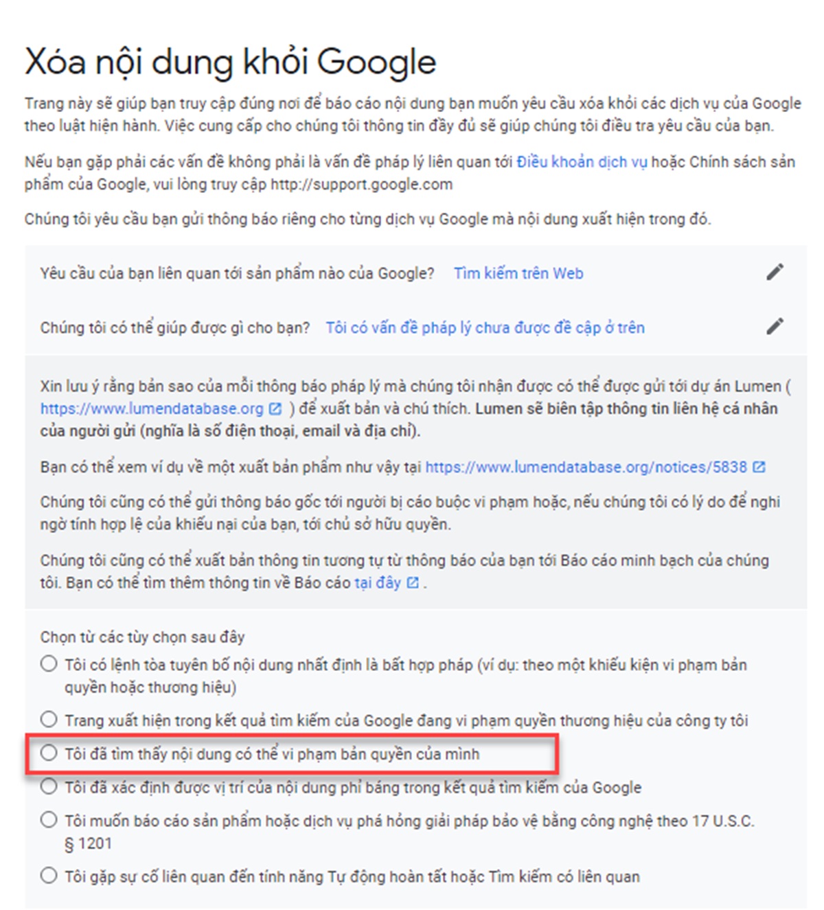 Hình 2: Đăng ký thông báo vi phạm về điều khoản sao chép nội dung