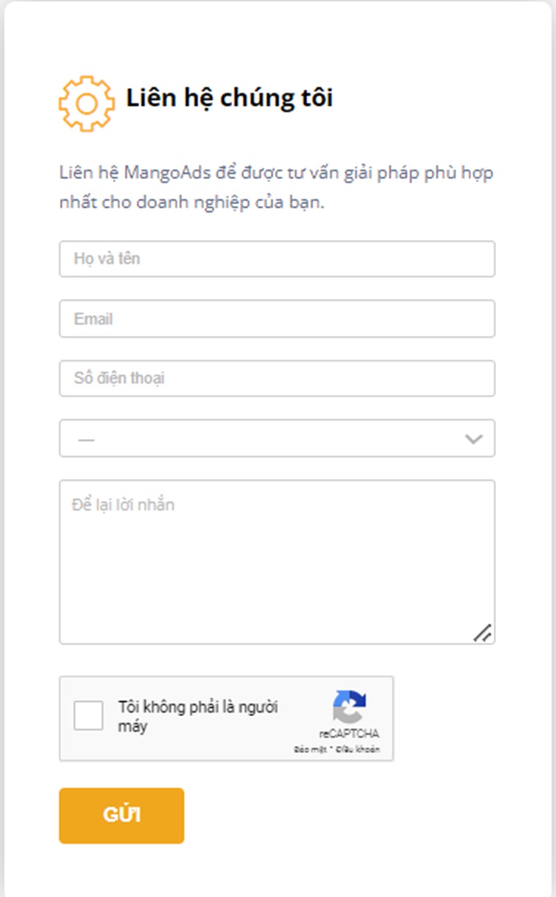 Hình 4: Biểu mẫu thông tin liên hệ từ website MangoAds (Nguồn: MangoAds)