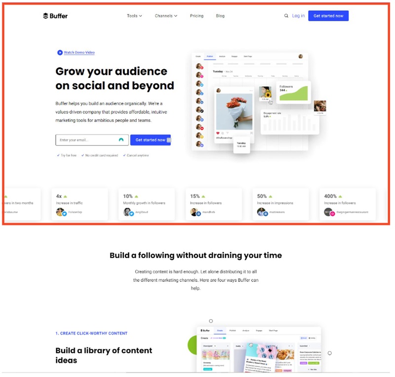 Hình 5: Landing page của Buffer, một công cụ quản lý mạng xã hội (Nguồn: blog.logrocket.com)