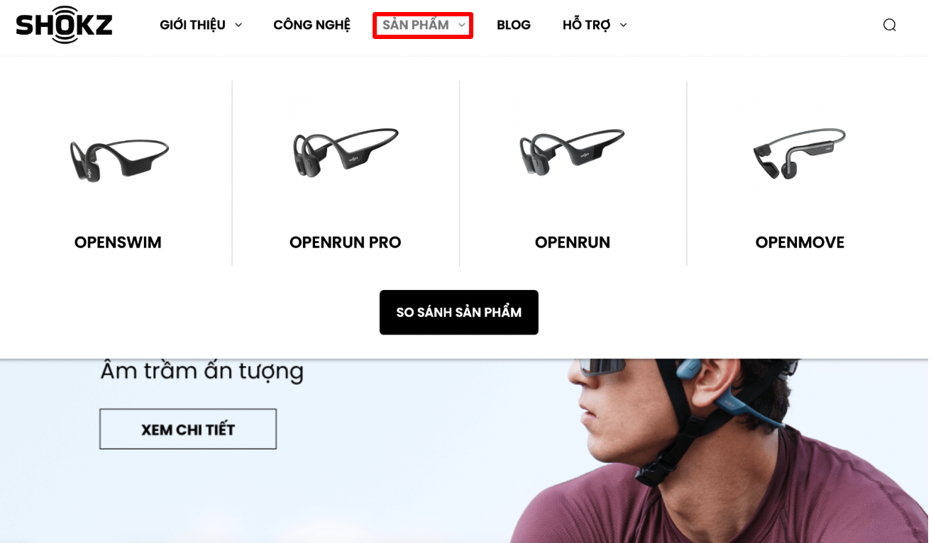 Hình 3: Giao diện điều hướng trên website của thương hiệu tai nghe truyền âm qua xương Shokz