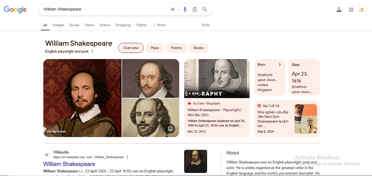  Hình 2: Tìm kiếm với từ khóa "William Shakespeare"