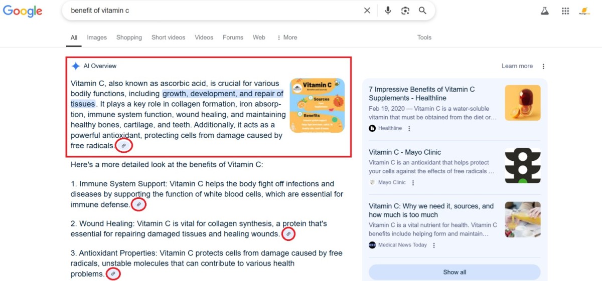 Kết quả hiển thị của AI Overviews cho truy vấn “benefit of vitamin c”