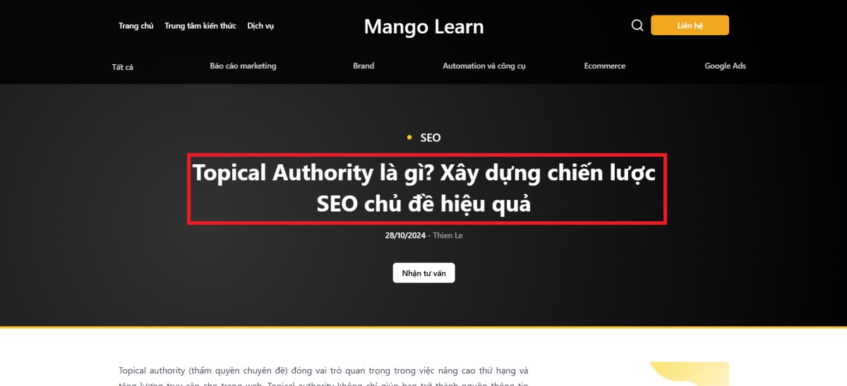 Tiêu đề chính (H1) xuất hiện đầu nội dung trang và dễ thấy