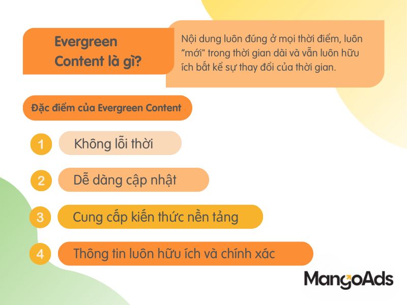 Hình 1: Đặc điểm của Evergreen Content (Nguồn: MangoAds)