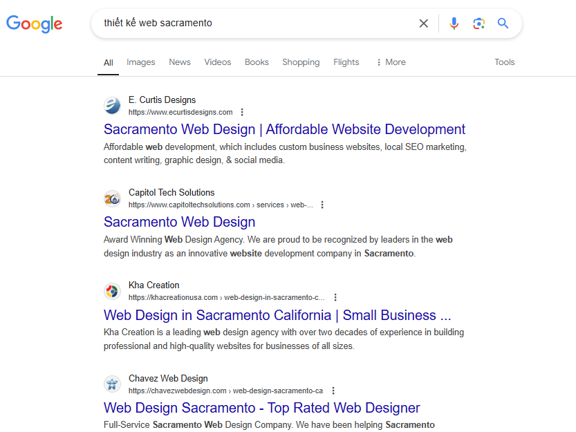  Hình 5: Ví dụ từ khóa “thiết kế web sacramento”