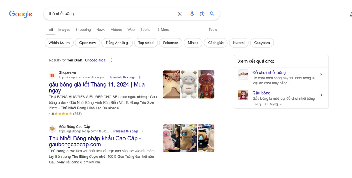 Hình 1: Hiển thị kết quả tìm kiếm của Google cho “thú nhồi bông"