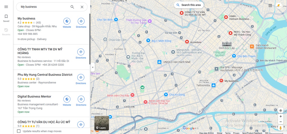  Hình 1: Kết quả tìm kiếm Google My Business trên Google Maps