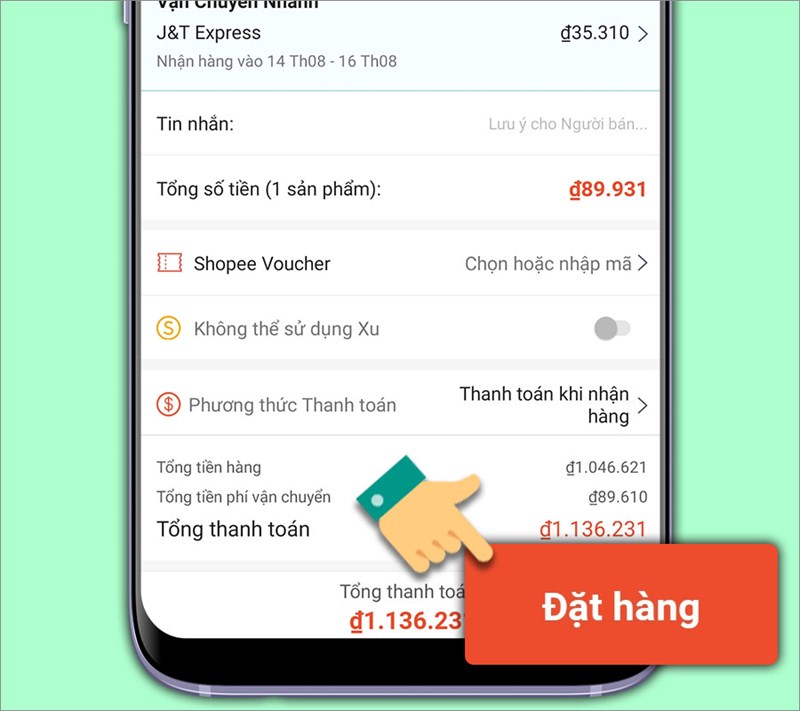 Hình 2: Giao diện đặt hàng của shopee được ở vị trí dễ tìm thấy giúp người dùng dễ thực hiện thao tác (Nguồn: Shopee)