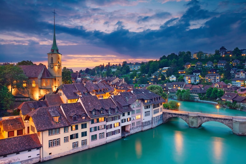Switzerland’s capital city, Bern, sparkles at night